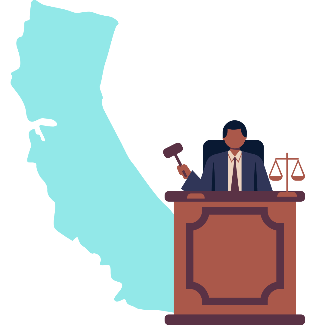 Infographic showing a judge's gavel, representing the state of California court-ordered classes.